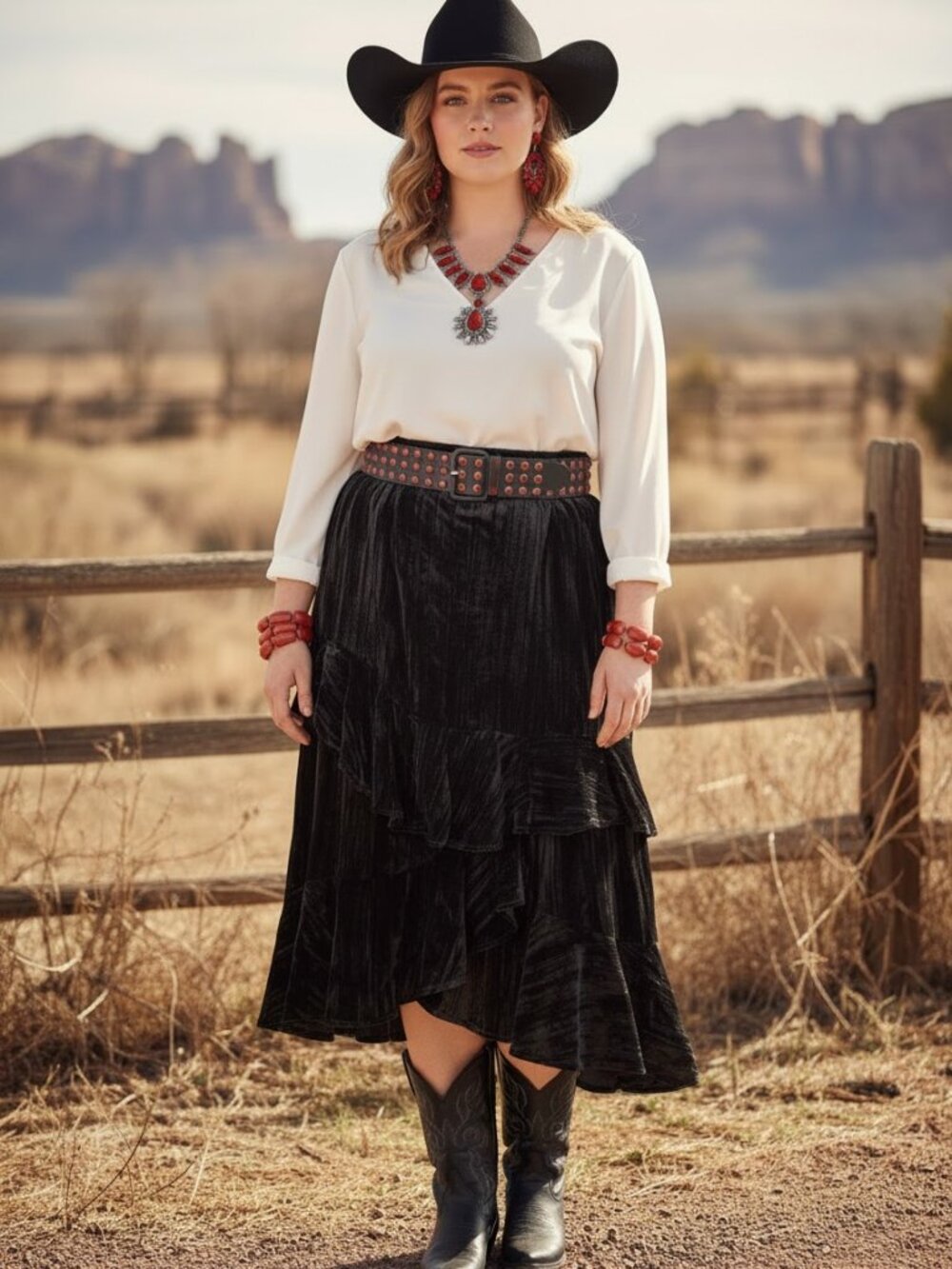 NWT Vintage Roper Crushed Velvet Ruffle Western Tiered Skirt Sz XL